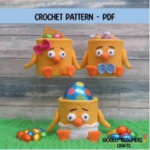 Recipientes de armazenamento de pintinhos de crochê, tampas de latas recicladas, organizador de mesa, suporte de agulha de crochê para canetas doces, iniciante experiente, SOMENTE padrão em PDF
