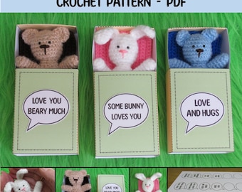 Hand Held Bear & Bunny in Box Crochet Pattern, including Blanket, Box Template and Sentiments, Experienced Beginner, PDF Pattern ONLY