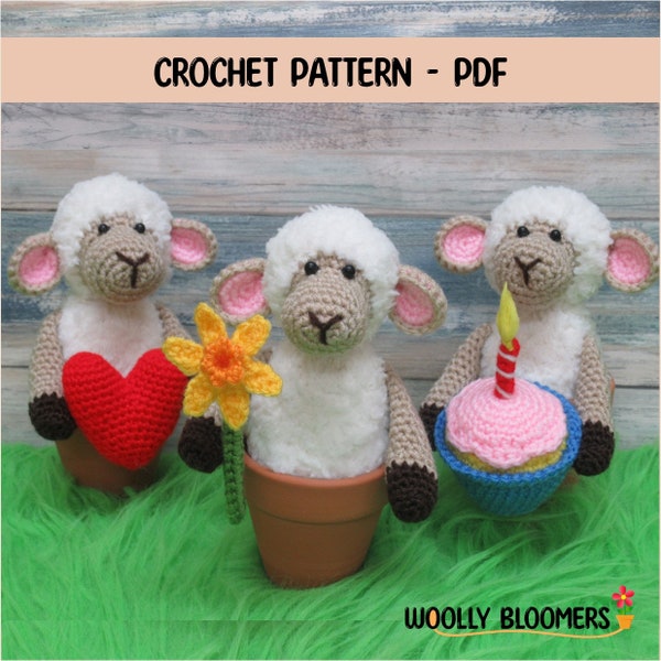 Crochet Sheep Pattern, including Heart, Daffodil, Cupcake, Cute Amigurumi Characters, Experienced beginner, PDF Pattern ONLY