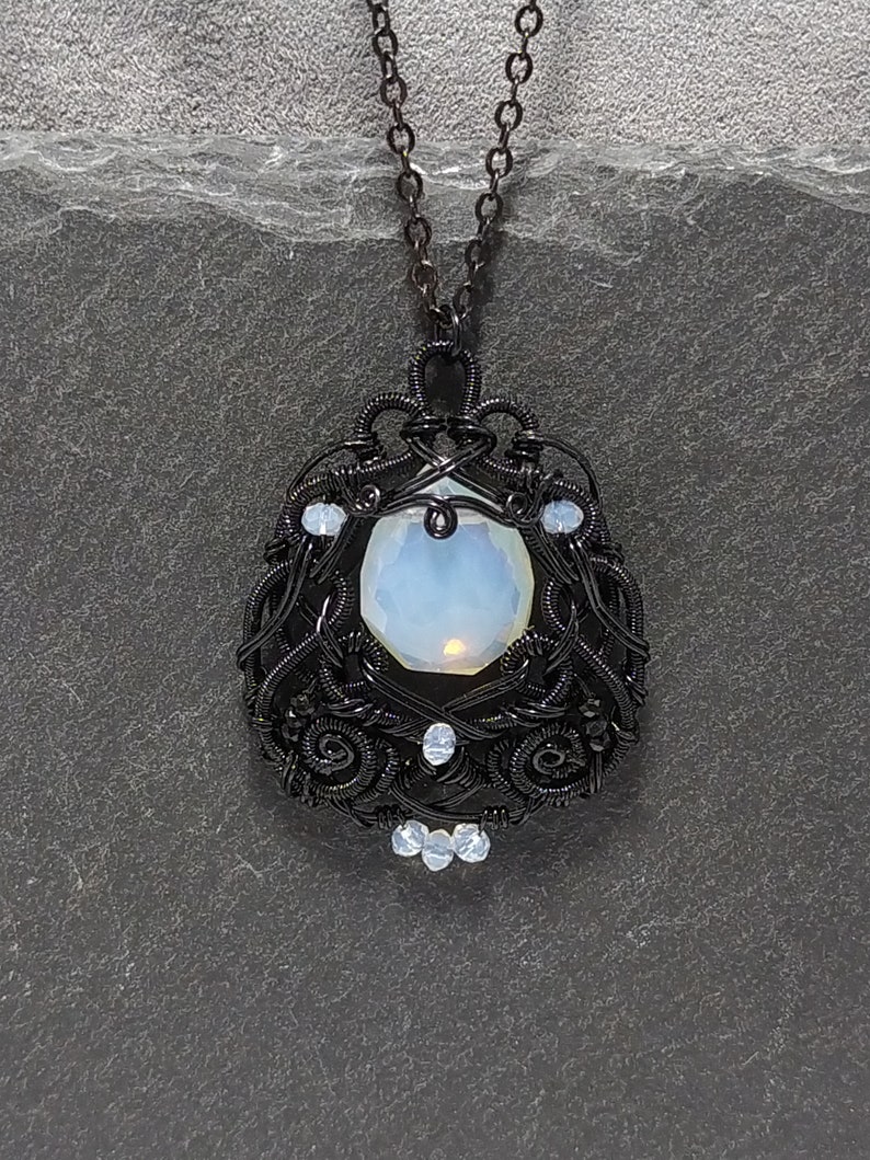 Blue Opalite Black Wire Wrapped Pendant, Gothic, Victorian, Intricate ...