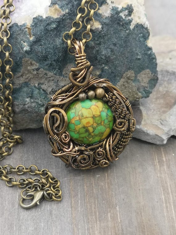 Green Turquoise With Bronze Wire Wrapping Pendant, Steampunk