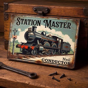 Station Master Tin Sign, Model Railway Wall Art, Steam Engine Gift, Vintage Train Metal Sign