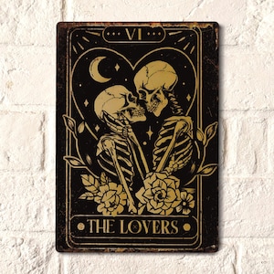 Letrero romántico, lindas cartas del tarot, impresión de la carta del tarot de los amantes, placas para la pared, letrero de hojalata con decoración gótica, regalo gótico para ella, San Valentín