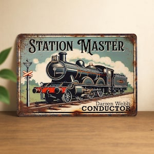 Letrero de tren personalizado, letrero de tren de metal, letrero de garaje, letrero de cobertizo, letrero de tren, regalo para abuelo, letrero de hojalata de aluminio