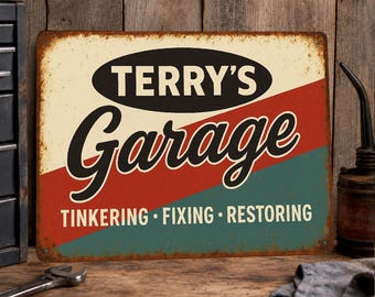 Garage Sign, Fathers Day Gift For Dad, Car Wall Art, Workshop Signs Hanging, Metal Car Sign