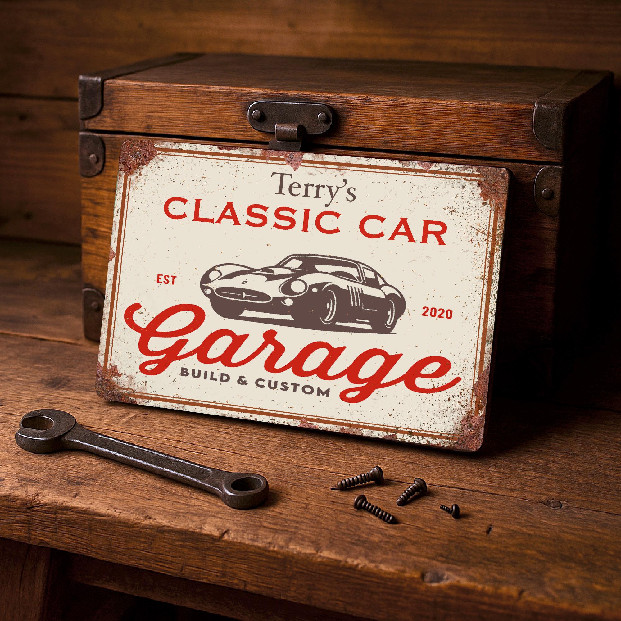 Panneau Personnalisé Garage/mancave - Look Rouillé - Aluminium - Personnalisation Nom - Neuf
