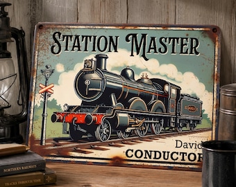 Personalised railway sign metal train sign man cave garage sign shed sign train gift for grandad dad Aluminium tin sign