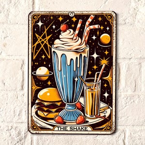 Milkshake sign, food tarot card, retro tin sign, vintage metal wall art poster print door decor shelf accessory, foodie gifts, diner cafe