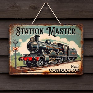 Station Master Tin Sign • Model Railway Gift for Men • Steam Train Plaque • Vintage Metal Wall Art