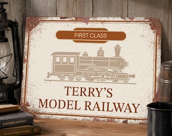 Personalised Model Railway Sign, Steam Train Plaque, Birthday, Fathers Day Gift for Dad Grandad Retro Metal Wall Art Plaque