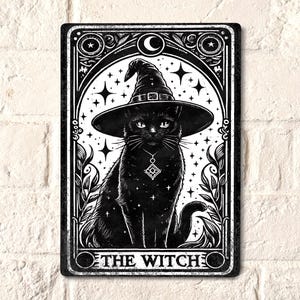 Letrero de hojalata con diseño de gato blanco y negro, cartas del tarot de bruja, regalo de brujería hecho a mano, decoración de pared pagana y wiccana para puerta.