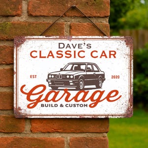 Classic Car Garage Sign – A4 Personalised Metal Plaque for Dad or Husband