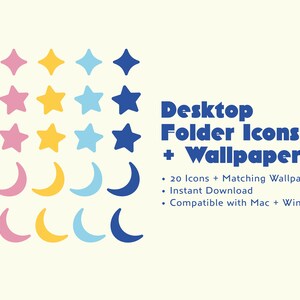 Iconos de carpetas de escritorio Mac y Windows + Fondo de pantalla / Lindo, estético, Luna y forma de estrella PNG Descarga instantánea
