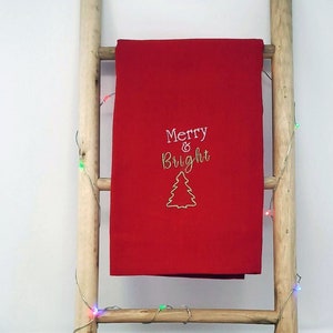 Merry And Bright W/Tree Decorative Embroidered Kitchen Towel,Custom Holiday Cotton Dish Towel,Gift Idea For Teacher,Towel For Festive Brunch