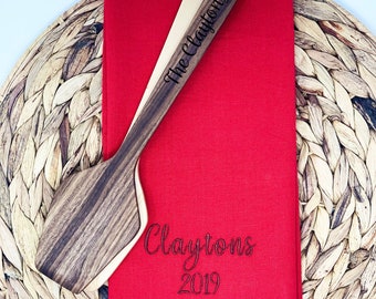Personalized Last Name Embroidered Kitchen Towel and Engraved Wooden Spatula,Custom Elegant Cotton Dish Towel For New Home Owner,Couple Gift