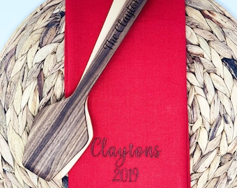 Personalized Last Name Embroidered Kitchen Towel and Engraved Wooden Spatula,Custom Elegant Cotton Dish Towel For New Home Owner,Couple Gift