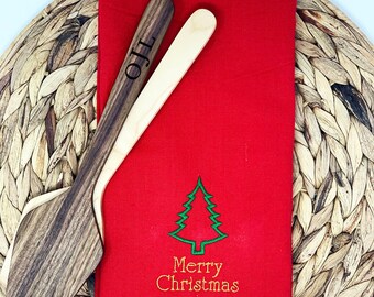 Merry Christmas W/Tree Decorative Embroidered Kitchen Towel & Monogramed Spatula Gift Bundle,Personalized Gift For Friend,Xmas Party Gift