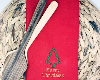 Merry Christmas W/Tree Decorative Embroidered Kitchen Towel & Believing Is Seeing Spatula Gift Bundle,Custom Gift For Friend,Xmas Party Gift