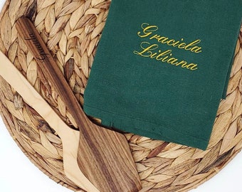 Personalized Name Embroidered Kitchen Towel & Custom Engraved Wooden Spatula,Custom Elegant Cotton Dish Towel For New Home Owner,Friend Gift