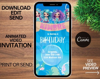MERMAID INVITATION, Editable Digital Download, Animated Invitation, Mermaid Birthday, Mermaid Clipart, Slumber Party, Mermaid Party Favors