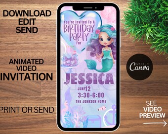 MERMAID INVITATION, Editable Digital Download, Animated Invitation, Mermaid Birthday, Mermaid Clipart, Slumber Party, Mermaid Party Favors