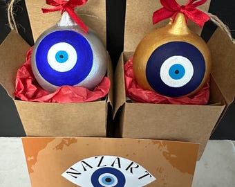 Hand painted gold or silver ceramic nazar/evil eye Christmas bauble