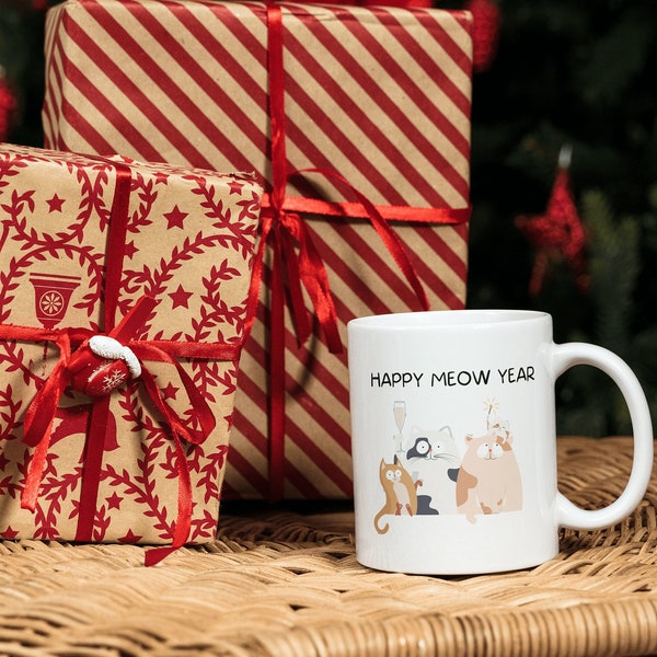 Lustige Weihnachtstasse mit Katze Happy Meow Year Catmas Weihnachtsgeschenk für Katzenbesitzer Kaffee Tee Glühwein Wichtelgeschenk Keramik