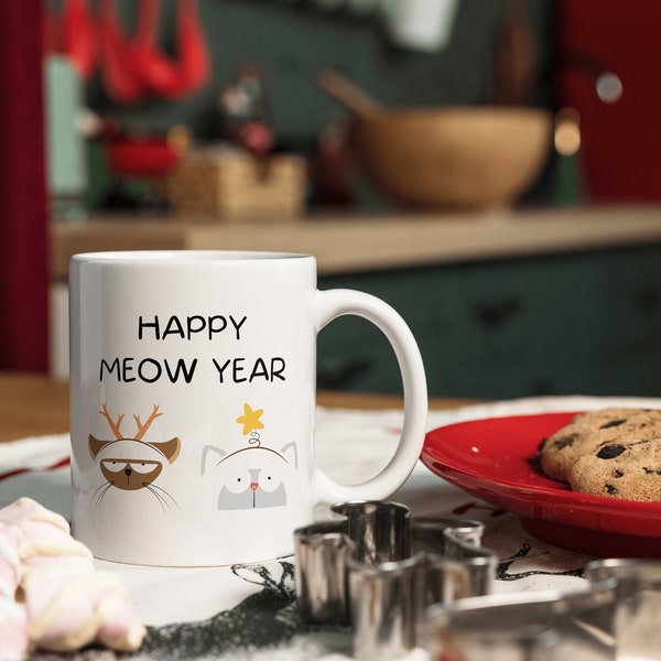 Lustige Weihnachtstasse mit Katze Happy Meow Year Catmas Weihnachtsgeschenk für Katzenbesitzer Kaffee Tee Glühwein Wichtelgeschenk Keramik