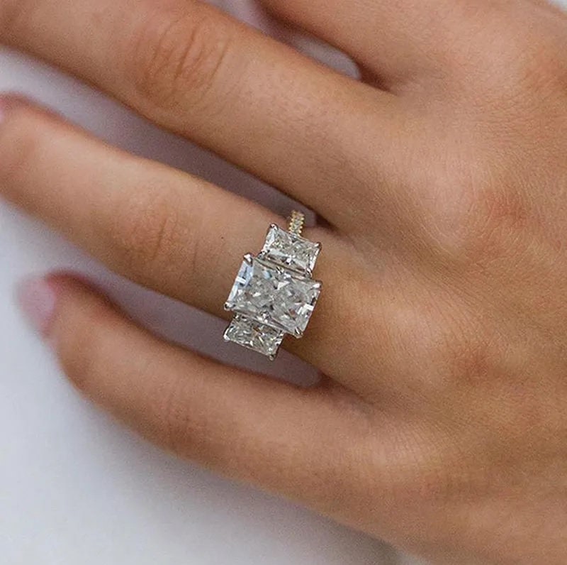 Radiant cut three stone engagement ring sale