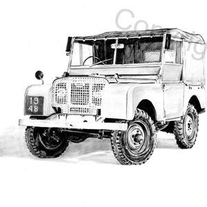 May include: A black and white pencil drawing of a vintage Land Rover Series I, a four-wheel drive vehicle with a canvas top. The vehicle has a number plate that reads "19 48".