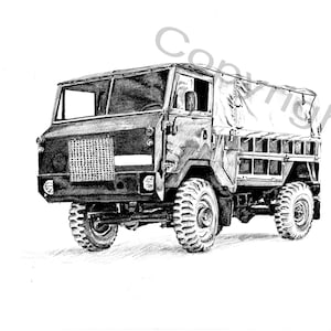 May include: Black and white pencil drawing of a military truck. The truck has a covered cargo bed, large tires, and a front grille. The drawing is detailed, showing the truck's structure and features.