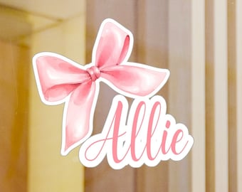 Pink Bow Car Decal Vinyl, Custom Name Sticker, Vinyl Waterproof Sticker, Pink Ribbon Sticker for car, hydro flask, laptop, water bottle