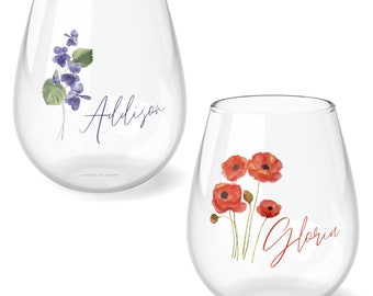 Wine Glass Set Birth Flower Gift Personalized Wine Glasses Unique Mothers Day Gift Custom Stemless Wine Glass Mom Gift Wedding Gifts For Her