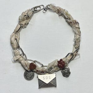 Mixed Media Charm Collar | Chunky Silver Chain and Frayed Fabric Choker | SOS Envelope Necklace