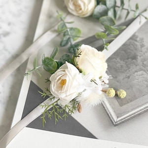 Eucalyptus Flower Wrist Corsage: White Camellia, Bridesmaid Corsage