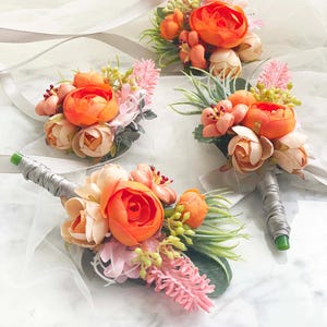 Elegant Cora and Blush Wedding Corsage and Boutonniere/Groom & Groomsmen Floral Pins/Prom corsage Flower wrist corsage