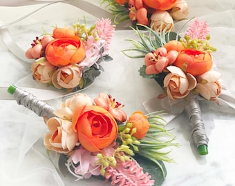 Elegant Cora and Blush Wedding Corsage and Boutonniere/Groom & Groomsmen Floral Pins/Prom corsage Flower wrist corsage