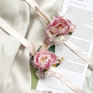 Boho Pink Silk Wedding Corsage Boutonniere Set