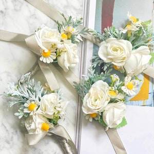 White Rose & Daisy Corsage: Romantic Wedding Wrist Flowers