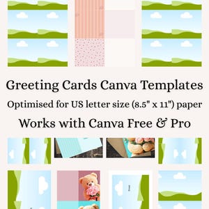 May include: Greeting card templates optimized for US letter size (8.5" x 11") paper. The design includes front and inside right views with a landscape and cloud design, and a Valentine's Day card.