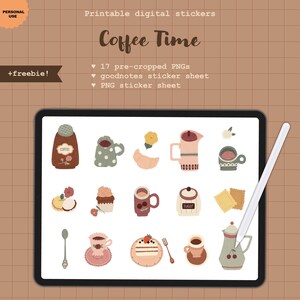 Cozy Coffee Time Digital Stickers: GoodNotes Planner, Pre-Cropped PNG Set