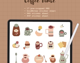 Pegatinas imprimibles de café, pegatinas digitales para la hora del café, pegatinas acogedoras para planificador de cafetería, para diario y álbum de recortes.