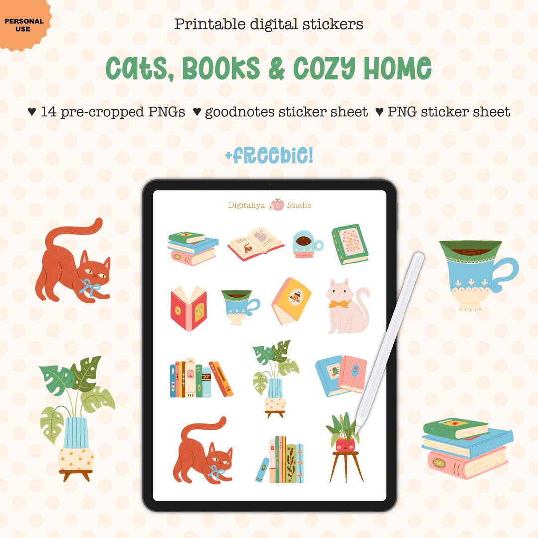 Printable Digital Stickers Cozy Home Cats and Books Goodnotes Planner ...