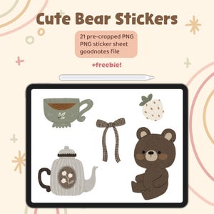 Planner Sticker Cute Bear Digital Planner Sticker Sheet Journaling Adorable Hand-Drawn Bear Stickers PNG Pre-Cropped GoodNotes File