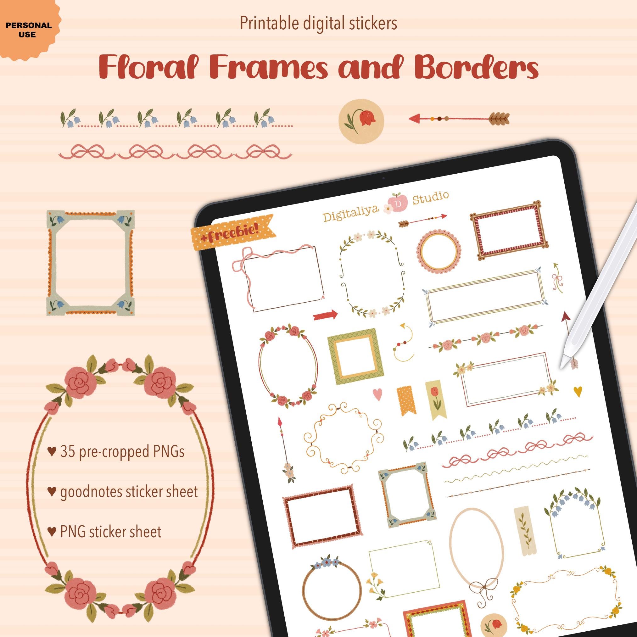 Printable Floral Frames and Borders for Scrapbooking Digital Stickers ...