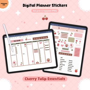 Pegatinas para planificador digital Cherry Tulip Essentials, precortadas en PNG, adorables pegatinas para diario, para planificación digital y toma de notas.