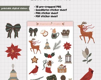 Op de afbeelding: Een digitale stickerpagina met een kerstthema. De pagina bevat verschillende feestelijke illustraties zoals een rendier, strik, poinsettia en kardinaal. Tekst op de pagina luidt "Christmas" en "Digitaliya Studio".