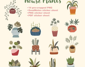Printable House Plant Stickers Indoor Plants Digital Stickers Plant Mom Planner Stickers Botanical Journal PNG Set
