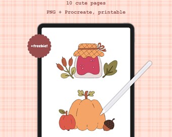 May include: A digital tablet displays a fall-themed coloring book. The screen shows illustrations of a jar of jam, a pumpkin, an apple, and an acorn. Text on the screen reads "Fall Procreate Coloring Book" and "10 cute pages."