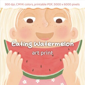 Eating Watermelon Art Print: Hand-Drawn Illustration for Kids (PDF)